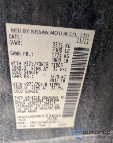 2021 Nissan Titan Sv из США, поврежденный, VIN 1N6AA1ED9MN533666